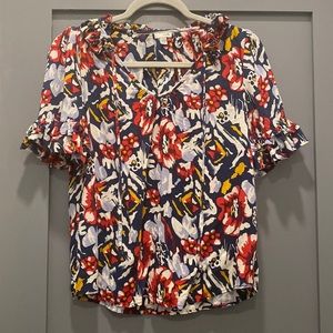 Anthropologie- Odille Blue Red Floral Short Sleeve Blouse Size 2